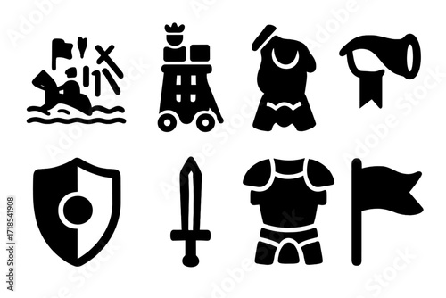King's Battle Icons. Solid, filled icon set of king?s battles and warfare: battlefield, siege tower, catapult, war horn, shield, sword, armor, battle flag.