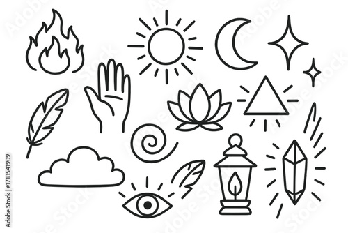 Mystical Symbols Collection. Hand-drawn doodle illustration ethereal glow flame, aura, sun, moon, star, lotus flower, hand, feather, spiral, crystal, triangle,