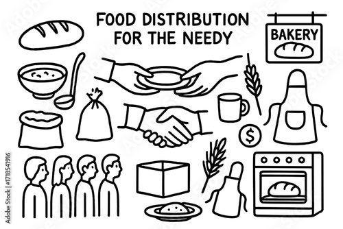Food Distribution Icons. Hand-drawn doodle illustration Food distribution for the needy [bread loaf, soup bowl, ladle, basket, hand giving food, bag, wheat