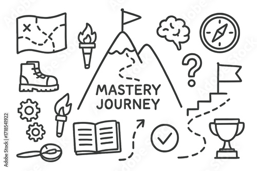 Adventure Symbols Doodle. Hand-drawn doodle illustration Mastery Journey mountain, flag, map, boot, gear, torch, notebook, compass, trail, question mark,