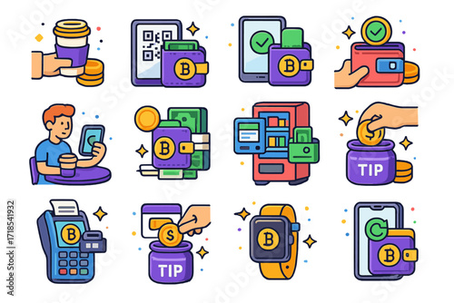 Crypto Wallet Icons. Colorful isometric vector icons set of crypto wallet in daily life: paying for coffee with crypto, scanning QR at a store, receiving