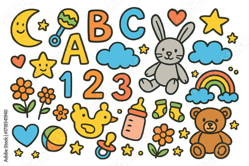 Nursery Doodle Wonderland. Colorful Hand-drawn doodle Children illustration Nursery rug toys, rattles, ABC letters, numbers, clouds, soft animals, hearts,