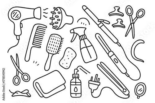 Hair Styling Essentials. Hair Styling Tools. Hand-drawn doodle illustration hair styling tools hairdryer, diffuser, curling iron, flat iron, comb, brush, spray