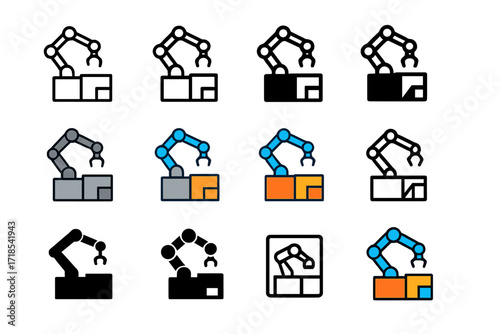 Cobot Logo Variations. Set Logo of Factory automation system: Collaborative robot (cobot) workstation. Logo set in vector style, emblematic variations. line,
