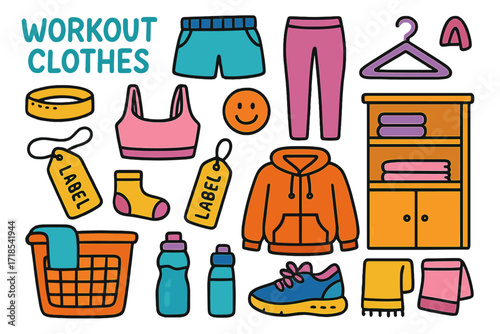 Colorful Gym Gear Doodles. Colorful Hand-drawn doodle Children illustration Organizing Workout Clothes gym shorts, leggings, sports bra, hoodie, socks,