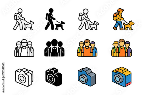 Hiking Companion Icons. Icon Set of Hiking Companions: Dog on leash, Friends group, Camera. Icons set in vector style, emblematic variations. Dog on leash