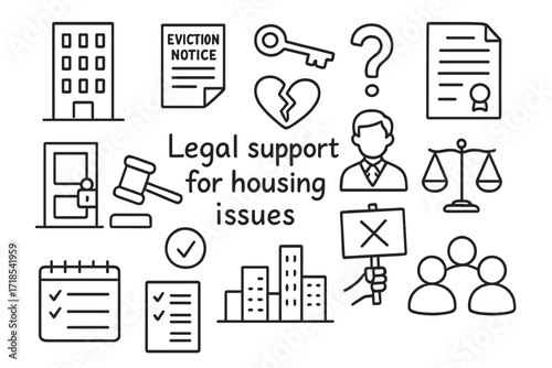 Housing Legal Support Doodles. Hand-drawn doodle illustration Legal support for housing issues [apartment building, eviction notice, key, legal paper, broken