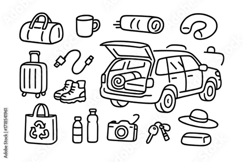 Weekend Getaway Essentials. Hand-drawn doodle illustration [Weekend getaway SUV] [SUV, duffel bag, coffee mug, phone charger, compact suitcase, hiking shoes,
