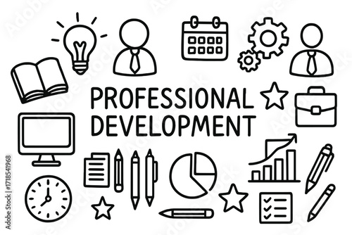 Professional Growth Symbols. Hand-drawn doodle illustration [home workout] [yoga mat, dumbbells, kettlebell, water bottle, resistance band, jump rope, exercise