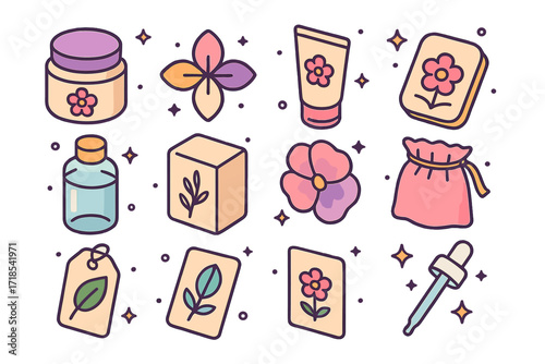 Minimal Floral Packaging Icons. Colorful isometric vector icons set of Minimal floral packaging design: clean cream jar, elegant petal logo, soft-toned tube,