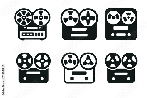 Retro Studio Logos. old-school studio. Set Logo of old-school studio: reel-to-reel tape recorder. harmonious logo variations of the same emblematic concept,
