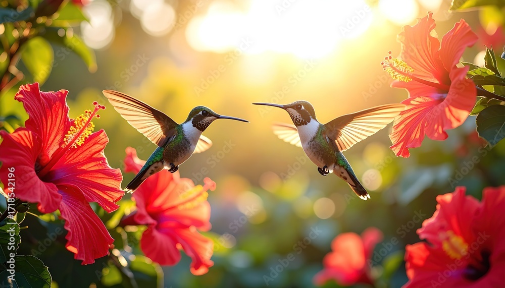 Naklejka premium Two hummingbirds in vibrant flight, surrounded by lush red hibiscus flowers, bathed in warm sunlight, creating a captivating scene of nature's beauty.