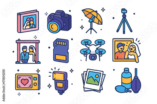 Wedding Photography Icons. Colorful isometric vector icons set of wedding photography: wedding album, DSLR camera, lighting umbrella, camera tripod, posing