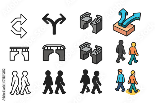 Diverging Paths Icons. Icon Set of Growing Apart: Diverging arrows, Bridge with gap, Two silhouettes walking away. Icons set in vector style, emblematic