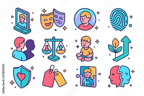 Colorful Identity Icon Set. Colorful isometric vector icons set of ego and identity: mirror reflection, dual face mask, ego bubble, identity fingerprint,