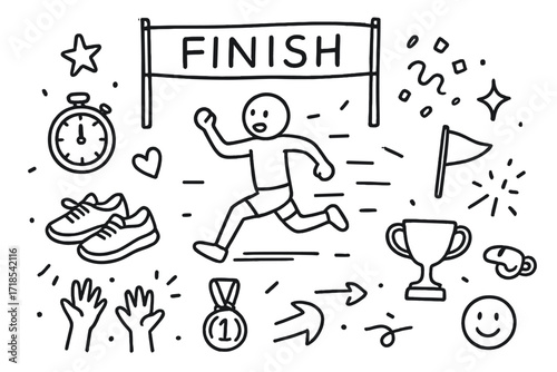 Finish Line Doodles. Hand-drawn doodle illustration Reaching the finish line [finish line banner, running figure, stopwatch, sneakers, star, heart, flag,