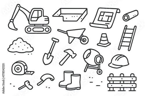 Construction Tools Doodle. Hand-drawn doodle illustration preparing foundation backhoe, trench, blueprint, wheelbarrow, shovel, dirt pile, pipe, ladder,