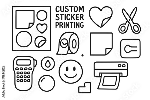 Sticker Design Icons. Hand-drawn doodle illustration [Custom sticker printing] [sticker sheet, kiss cut, peel edge, sticker roll, heart sticker, icon design,