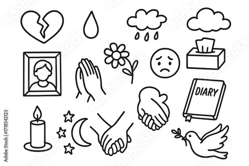 Symbols of Grief. Hand-drawn doodle illustration grief and loss heart, broken heart, teardrop, cloud, framed photo, flower, tissue box, candle, praying hands,