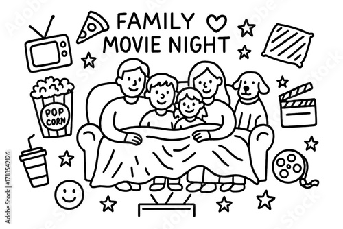 Family Movie Night. Hand-drawn doodle illustration Family movie night [TV screen, popcorn, soda, parents, kids, couch, heart, blanket, stars, pizza slice,