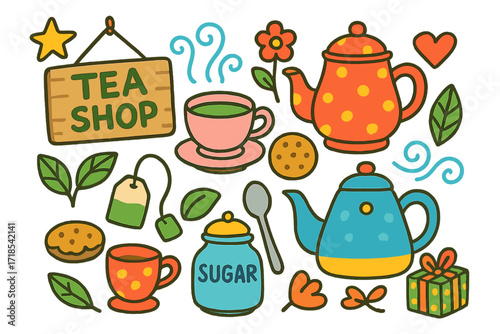 Whimsical Tea Icons. Tea shop. Colorful Hand-drawn doodle Children illustration teacup, teapot, signboard, tea bag, cookie, flower, tea leaf, kettle, sugar