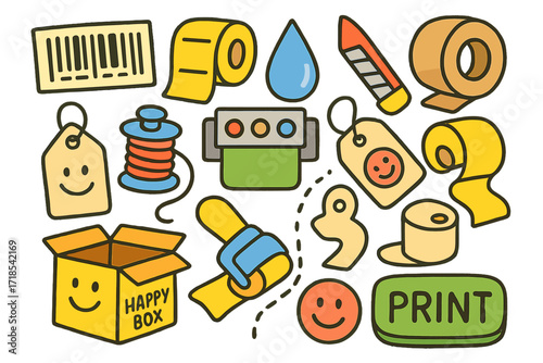 Colorful Printing Icons. Colorful Hand-drawn doodle Children illustration Label printing stickers, barcode, label roll, ink drop, cutter blade, packaging tape,
