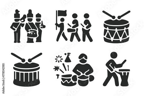 Drumline History Icons. Solid, filled icon set of drumline history and culture: military band, parade, historical drum, ceremonial drum, folk music,