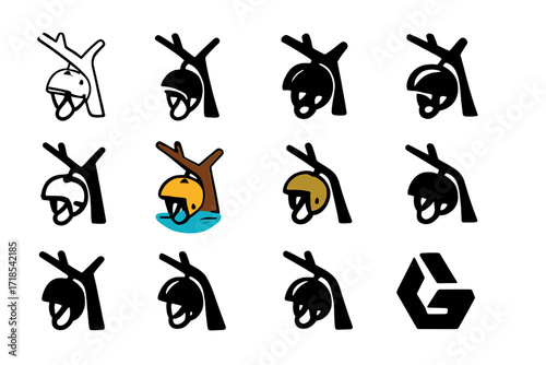 River Rafting Emblem. Set Logo of river rafting adventure: helmet hanging on tree branch. Logo set in vector style, emblematic variations. line, bold thick