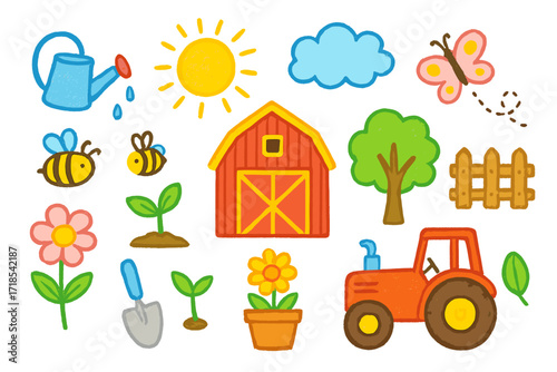 Farm Life Illustration. Farm life. Colorful Hand-drawn doodle Children illustration watering can, barn, tractor, fence, flower, tree, sprout, pot, sun, cloud,