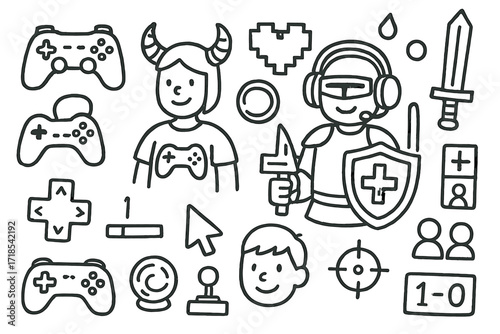 Gaming Duo Cosplay. Hand-drawn doodle illustration [Gaming duo cosplay] [controller, headset, pixel heart, sword, shield, gamepad, keyboard, cursor, energy