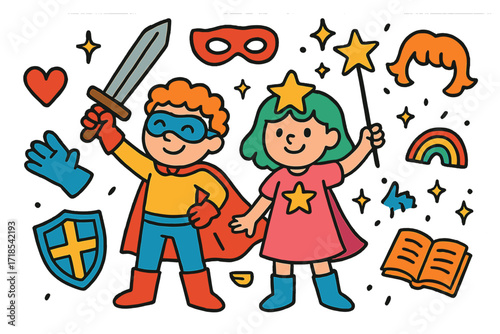 Children's Cosplay Adventure. Colorful Hand-drawn doodle Children illustration Duo Cosplay costumes, wigs, masks, cape, sword, shield, magic wand, star, heart,