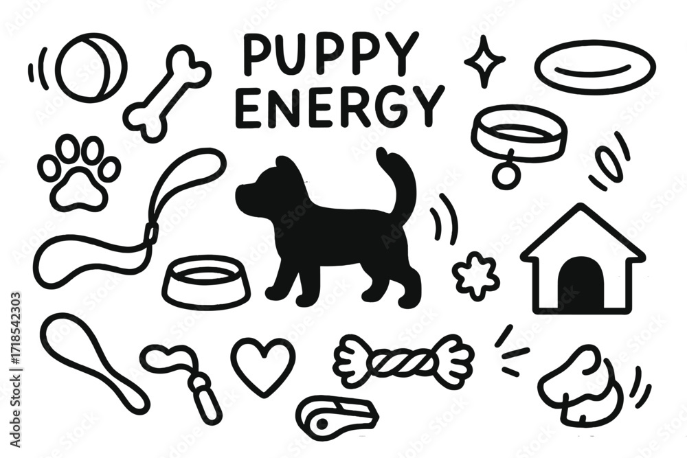 Fototapeta premium Puppy Energy Icons. Hand-drawn doodle illustration Puppy Energy [puppy silhouette, bouncing ball, paw print, bone, leash, collar, sparkle, star, frisbee, water