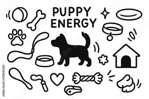 Puppy Energy Icons. Hand-drawn doodle illustration Puppy Energy [puppy silhouette, bouncing ball, paw print, bone, leash, collar, sparkle, star, frisbee, water