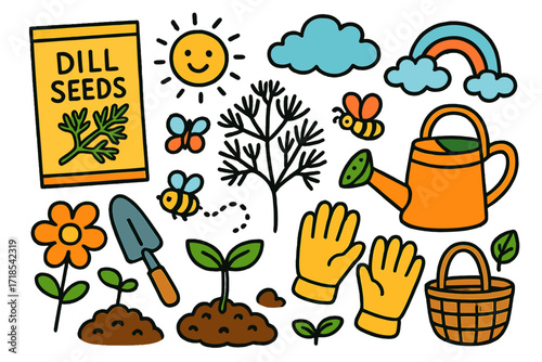 Garden Doodle Delight. Colorful Hand-drawn doodle Children illustration Dill Seeds [seed packet, dill sprig, watering can, shovel, gloves, flower, sun, cloud,