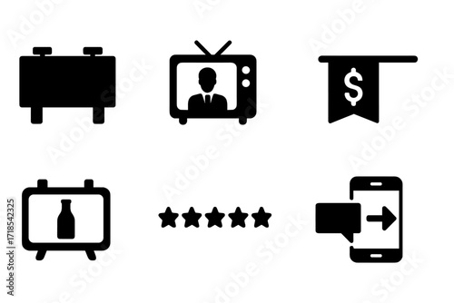 TV Network Icons. Solid, filled icon set of TV network advertising: billboard, commercial, sponsorship, banner, product placement, rating stars, target