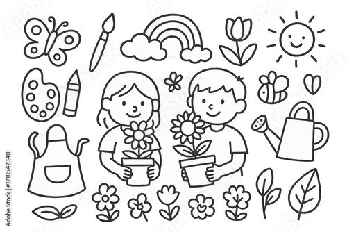 Spring Craft Doodle. Hand-drawn doodle illustration spring craft with children flower pot, daisy, sunflower, tulip, butterfly, bee, rainbow, paintbrush,