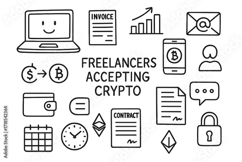 Crypto Freelancer Tools. Hand-drawn doodle illustration [Freelancers accepting crypto] [laptop, invoice, dollar to bitcoin arrow, smartphone, email icon,