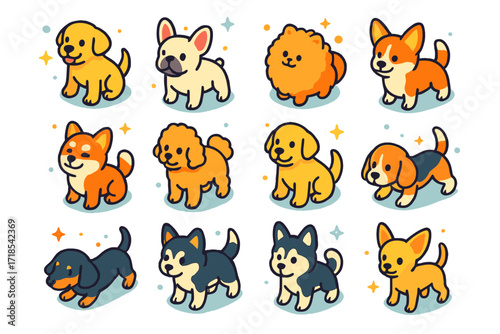 Playful Puppy Icon Grid. Colorful isometric vector icons set of Puppy breeds in playful style: Labrador puppy, French bulldog pup, Pomeranian fluff ball, Corgi