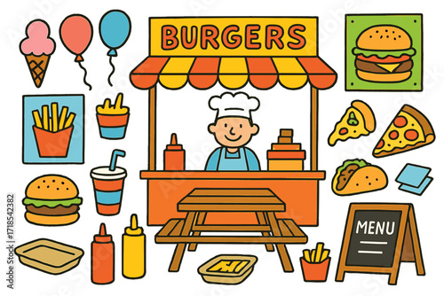 Vibrant Food Stall Doodles. Colorful Hand-drawn doodle Children illustration Pop-up food stall burgers, fries, drinks, ice cream, tacos, pizza slice, posters,
