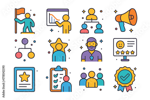 Leadership Icon Set. Colorful isometric vector icons set of leadership and delegation: leading figure with flag, pointing to chart, task assignment flow,