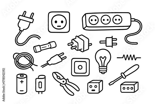 Electrical Tools Doodle. Hand-drawn doodle illustration Power connections plug, socket, extension cord, adapter, fuse, cable, wire spool, switch, outlet, light