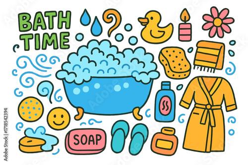 Bubble Bath Fun. Colorful Hand-drawn doodle Children illustration Bath time bathtub, bubbles, rubber duck, sponge, towel, shampoo bottle, candle, flower, soap,