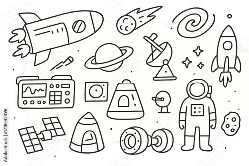 Interstellar Travel Doodles. Hand-drawn doodle illustration interstellar travel spaceship, comet, galaxy swirl, telescope, planet with rings, rocket boosters,