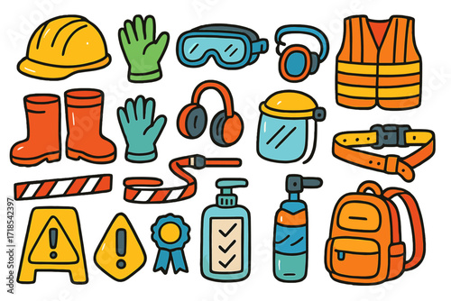 PPE Essentials Doodle. Colorful Hand-drawn doodle Children illustration PPE Essentials helmet, gloves, goggles, vest, boots, ear plugs, face shield, safety