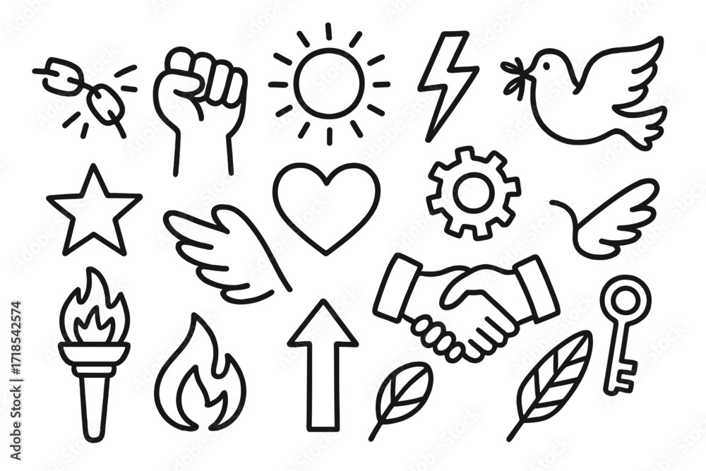 Fototapeta premium Symbolic Freedom Icons. Hand-drawn doodle illustration Liberation broken chains, fist raised, sun, lightning bolt, dove, star, heart, wings, gear, torch,