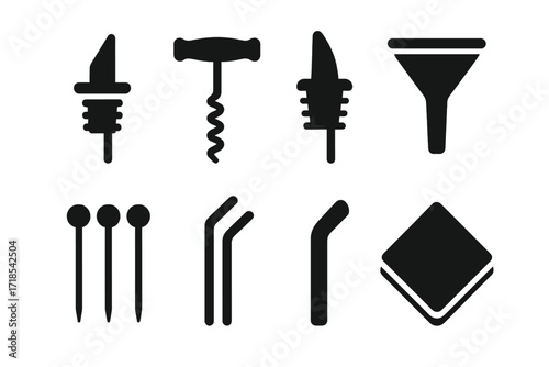 Bartending Tools Icons. Solid, filled icon set of bar shelf bartender tools: pour spout, corkscrew, bottle pourer, speed pourer, funnel, cocktail picks,