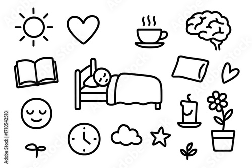 Exhaustion Recovery Doodles. Hand-drawn doodle illustration recovery from exhaustion bed, pillow, blanket, book, tea cup, heart, brain, sun, plant, flower,