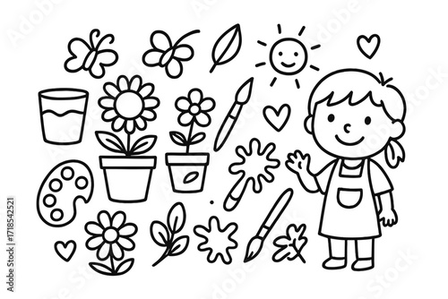 Kids Flower Pot Doodles. Hand-drawn doodle illustration kids painting flower pots flower pot, paintbrush, paint palette, paint splatter, smiling child, apron,