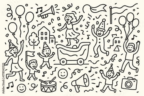 Festive Parade Doodle. Hand-drawn doodle illustration Festive parade with joyful crowds balloons, confetti, drum, trumpet, parade float, dancing people,
