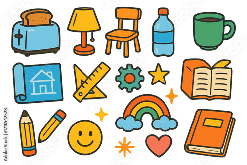 Colorful Everyday Doodles. Colorful Hand-drawn doodle Children illustration Everyday Object Design [toaster, lamp, chair, bottle, cup, blueprint, pencil,